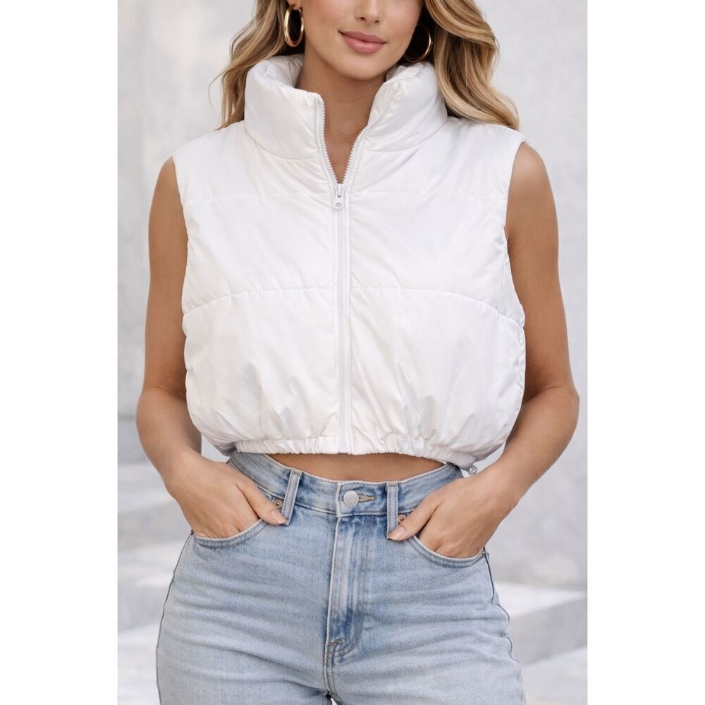 New Look White Cropped Puffer Vest Zip Front Sleeveless XL